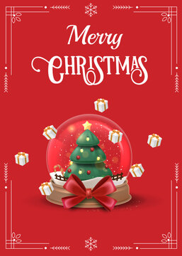 Merry Christmas Greeting with Christmas Tree, Gift Boxes and Festive Snowflakes on Red Background Editable Vector Illustration