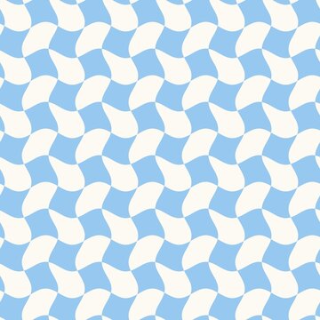 Seamless wavy checkerboard pattern in baby blue and cream, retro Y2K groovy warped checkered background