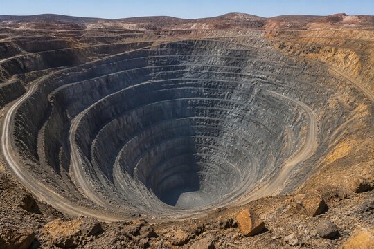 Open pit mine terraced excavation with winding haul roads