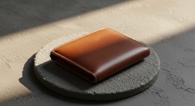 A classic brown leather wallet sitting on a round stone coaster on a dark textured table surface