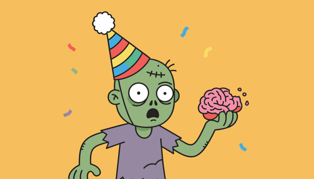 Funny cartoon zombie wearing a colorful party cone hat and holding a tasty pink brain amidst flying party confetti.
