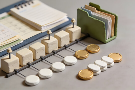 Financial planning and budget management concept with coins, organized folders, documents and connected blocks, illustrating accounting, expense tracking and personal finance.
