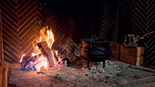 Wood burning fire with a cast iron South African potpie pot in an indoor fire place
