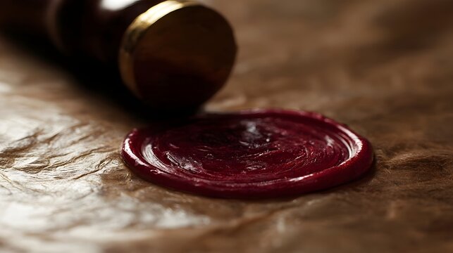 A rich red wax seal rests on aged parchment  with a wooden stamp nearby  evoking tradition and formality