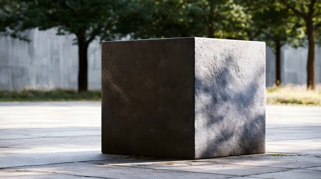 A large stone cube sits on a paved surface with trees and soft light in the background  creating a minimalist outdoor scene