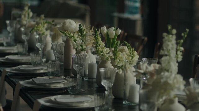 Banquet tablescape in Portugal with ceramic bud vases of tulips, peonies and stock, pillar candles, crystal glassware and stacked plates for an evening dinner.
