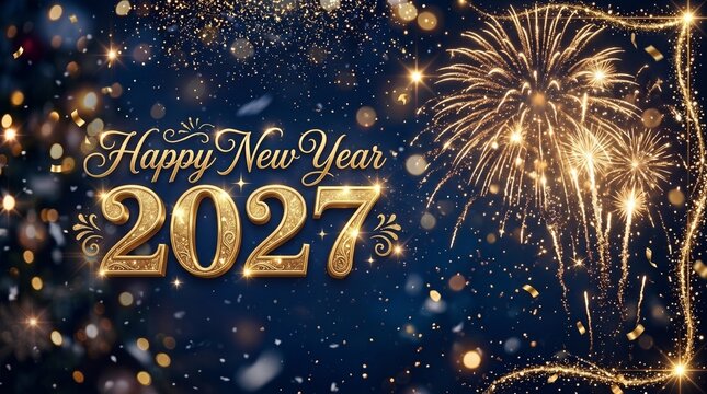 Happy New Year 2027 Golden Typography Banner with Fireworks and Glitter Bokeh
