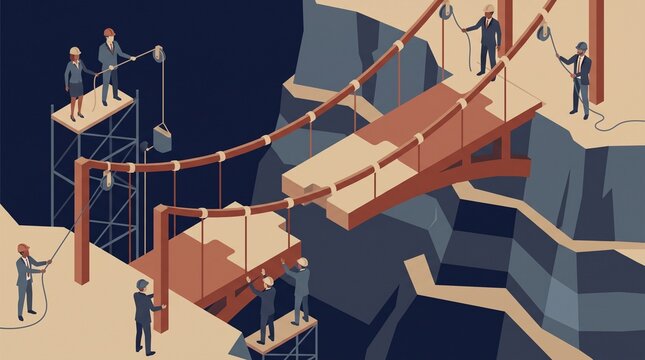 Isometric business teamwork illustration, professional team building a bridge across a canyon, corporate collaboration and problem solving concept