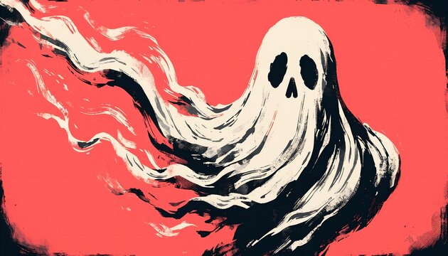 Grunge style white ghost floating on red background with ink splatters