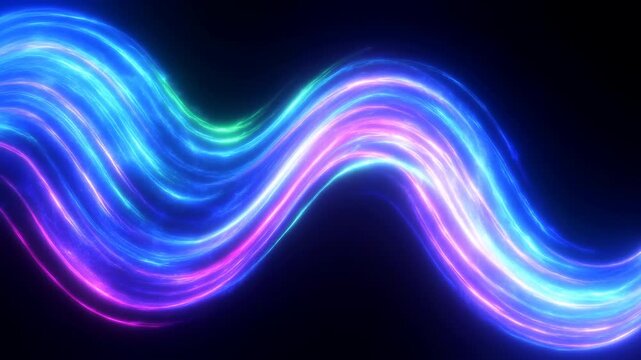 Glowing neon light trails ripple in parallel waves across dark background, blending blue, cyan, pink and violet bands with bright highlights and soft luminous edges