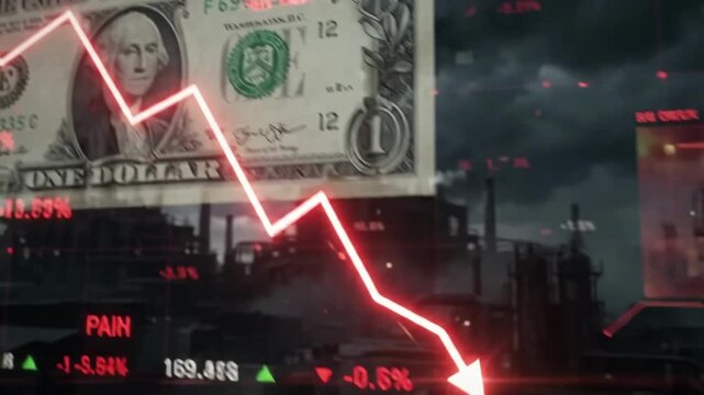 Tracking shot of dollar bill overlaying statue of liberty with falling stock graph over industrial skyline and stormy sky