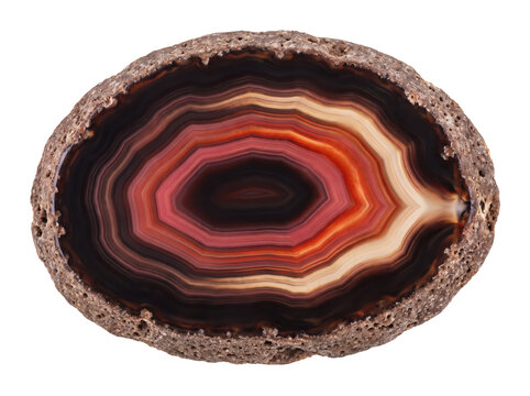 Agate stone slice showing colorful concentric mineral bands