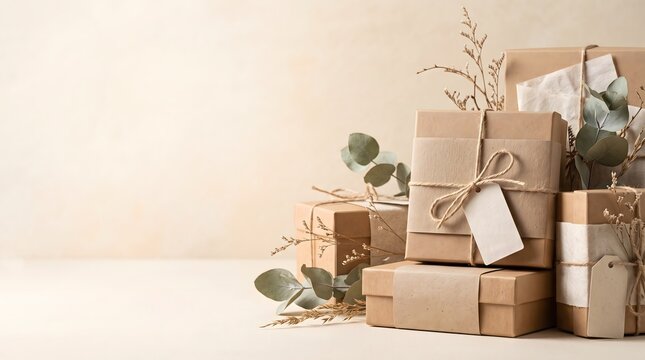 AI-generated image of sustainable e-commerce packaging featuring kraft gift boxes, recycled paper sleeves, cotton twine, blank tags, and folded tissue.