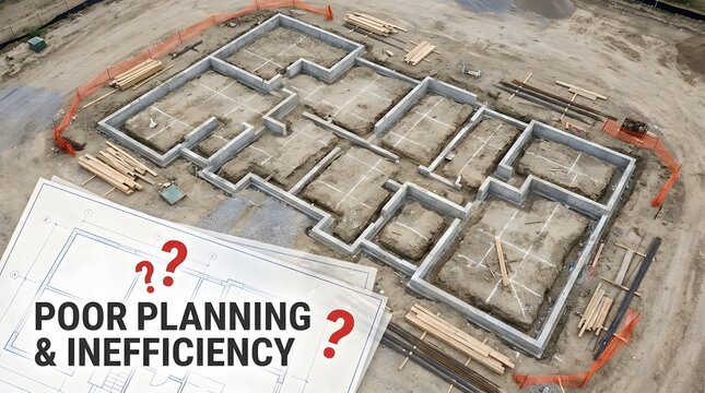 Aerial view of house foundation under construction with blueprints showing poor planning and inefficiency impacting development progress on building site.