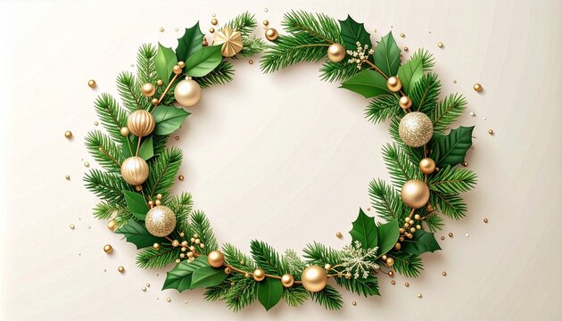 Business holiday wreath frame template with circular evergreen pine pinecone and red berry wreath on white background illustration
