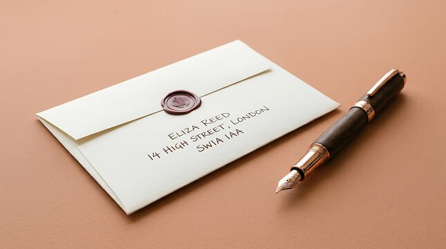 Elegant handwritten white envelope sealed with brown wax alongside luxury fountain pen on surface
