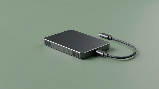 Sleek portable external hard drive connected with a braided cable against minimalist green background
