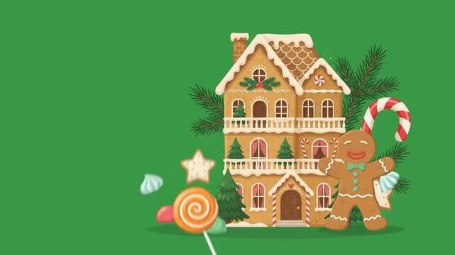 Charming animated Christmas gingerbread house with festive gingerbread man and sweet candy cane decorations on green screen background for winter holiday greeting cards!