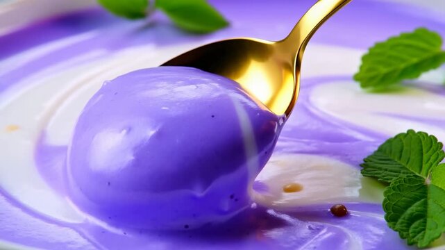 Golden spoon scoops glossy purple dessert from purple and white swirls beside green mint leaves, revealing smooth rounded texture and bright reflections in tightly framed food closeup