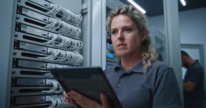Female Server Room Specialist Studies Changing Server Metrics on Tablet, Seriously Analyzing Performance Data and Considering Possible Causes of Unusual System Behavior and Network Instability.