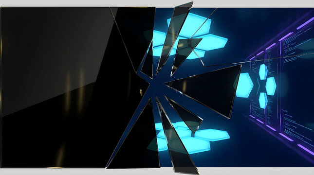 Futuristic shattered screen abstract background, broken glass panel displaying glowing blue hexagonal HUD interface elements, cyber security breach visualization and system error concept art