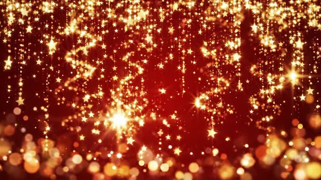 Slow motion static shot of golden stars and glitter cascading and twinkling over red festive backdrop