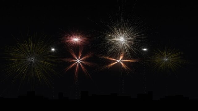 Animated colorful fireworks exploding over city skyline silhouette at midnight