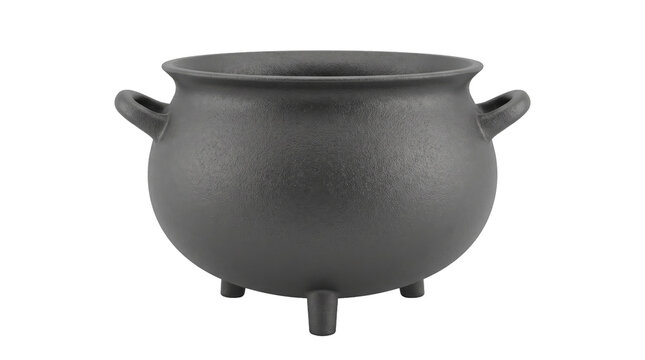 Black cast iron cauldron standing on three legs