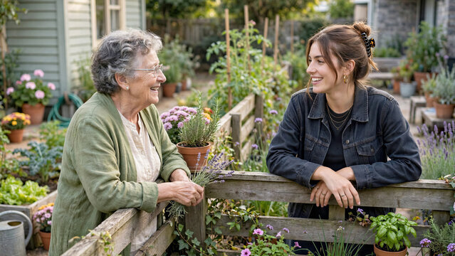 Conservative elderly woman and a trendy young neighbor chatting over a backyard garden fence in daylight