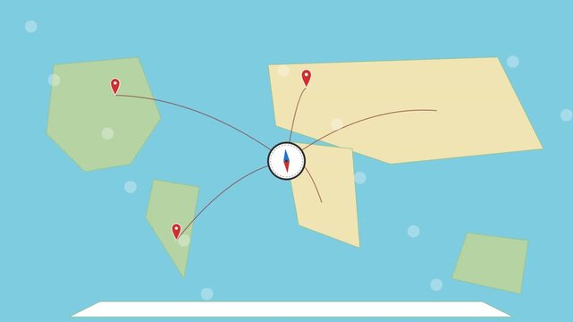 World Map Travel Route Compass Location Pin Connects Global Destinations on Vector Illustration for Logistics Design
