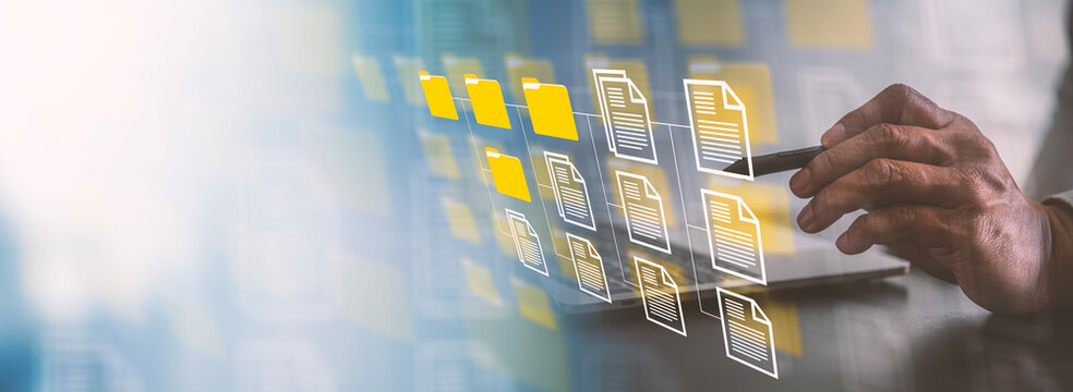 Digital Document Management Banner with Stylus Pen Pointing to Floating File Folders and Hierarchy.