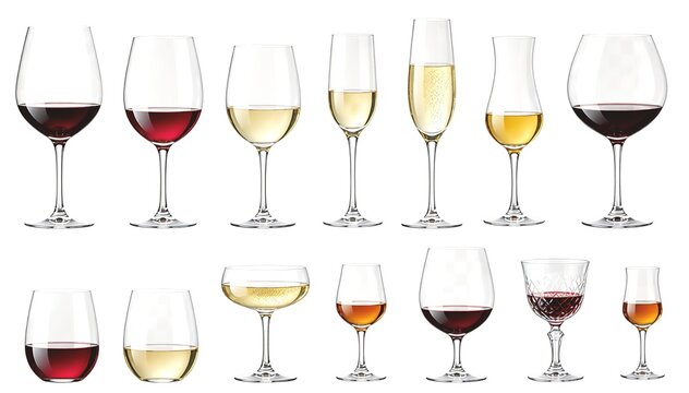 Different types of wine glasses collection, isolated on transparent background