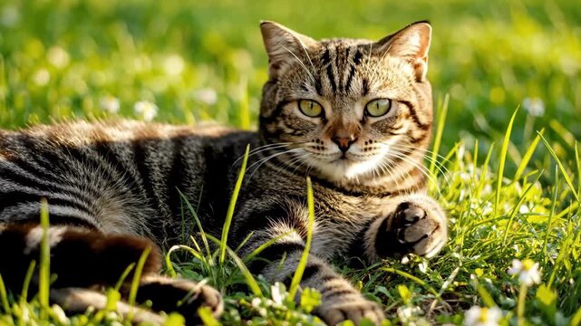 Slow motion tracking shot of tabby cat stretching paw while lying in grassy meadow during golden afternoon sun