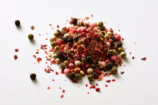 A colorful mix of dried peppercorns and red pepper flakes scattered on a white surface.