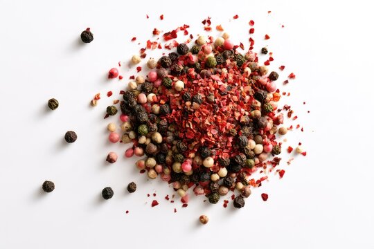 A colorful blend of whole and crushed peppercorns in black, white, pink, and red scattered on a white surface.