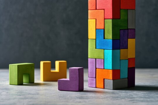 Colorful wooden Tetris-like blocks stacked together with three separate pieces beside the structure on a textured surface.