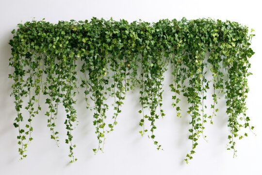 A lush green trailing ivy plant hanging down against a plain white background.