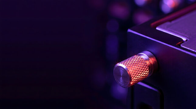 Knurled Metal Dial on Electronic Audio Equipment with Neon Light