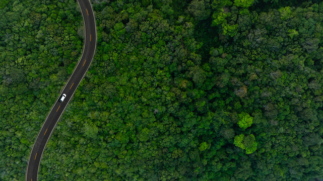 Aerial view of dark green forest road and white electric car Natural landscape and elevated roads Adventure travel and transportation and environmental protection concept	
