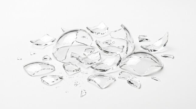 Scattered broken transparent glass pieces from shattered spherical