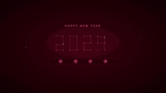 Happy new year digital countdown with glowing neon numbers and checkmarks on dark red background