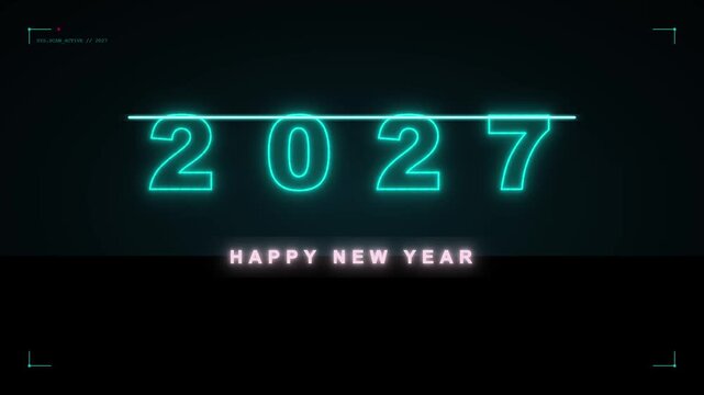 Glowing blue neon numbers spelling out year twenty twenty seven with happy new year text