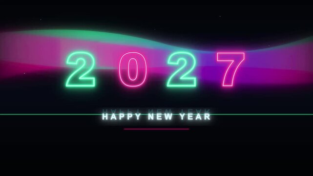 Glowing neon numbers for year 2027 happy new year celebration with colorful lights on dark background
