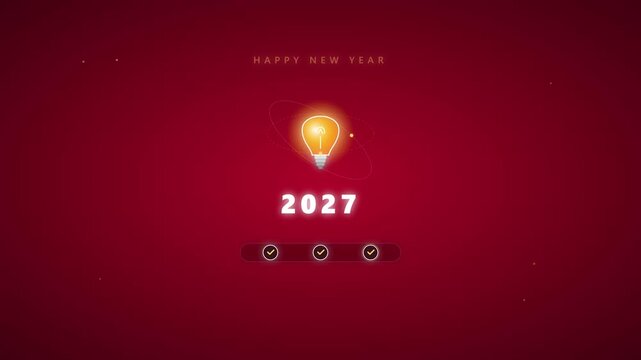 Glowing light bulb and digital text celebrating happy new year two thousand twenty seven on red background