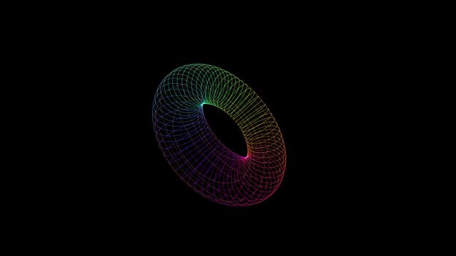 Abstract geometric torus shape created with colorful glowing lines forming a wireframe ring structure on a black background