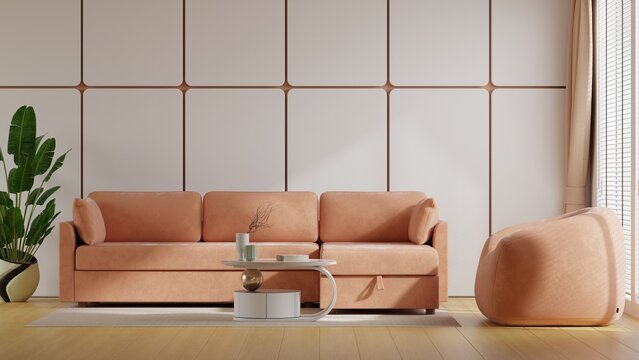 Modern living room interior design with pink sofa coffee table and wall panel mockup background- 3D rendering
