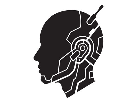 Cyborg head profile with mechanical headset and internal