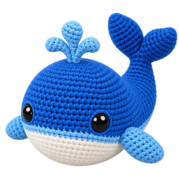 Blue crochet whale plush toy with water spout, handmade amigurumi sea animal