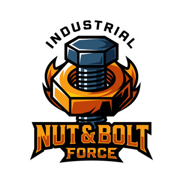 Industrial logo featuring a blue steel bolt threaded through an orange hex nut with flame accents. Text reads Industrial Nut and Bolt Force on a white background for hardware branding.