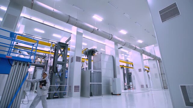 Team of engineers, technicians, workers working at production plant metal components heavy duty tools, cnc parts milling equipment programming machine in manufacturing facility daytime inside factory